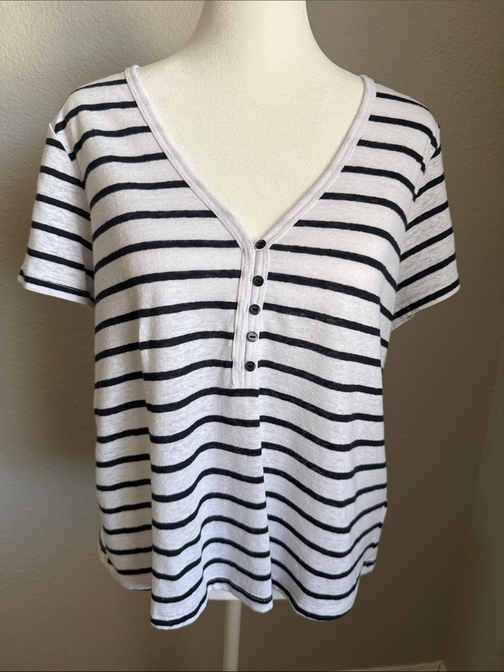 Old Navy White and Black Striped V-Neck Henley Tee